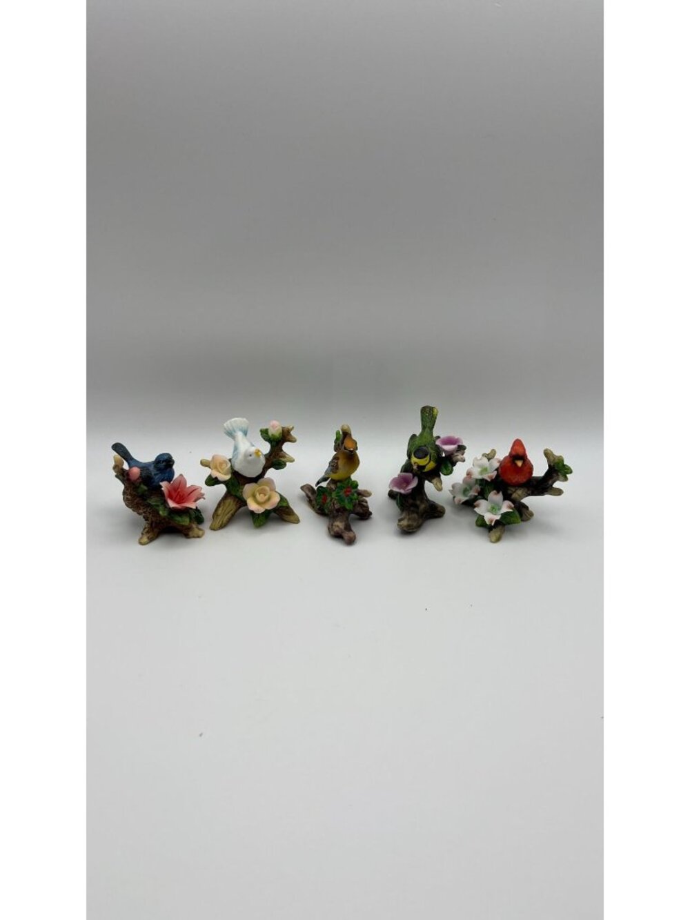 Set Of 5 Hand-Painted Ceramic Bird Figurines On Floral Branches Nature-Themed Ho